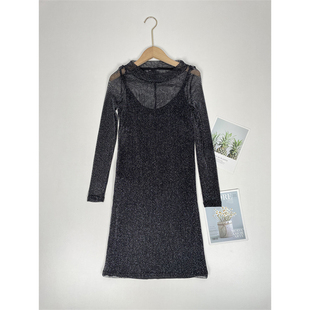 J5仅S码外单24秋新款女士高腰假两件气质性感亮丝连衣裙