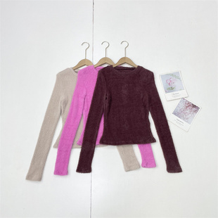 圆领长袖 25秋冬款 修身 多色T恤衫 打底 I4软糯毛绒肤感 法式 外单纯元