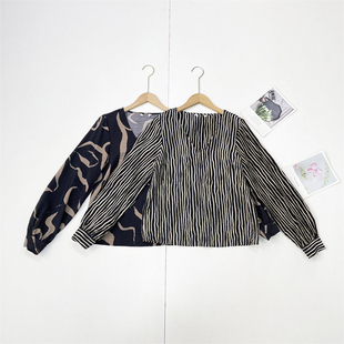 北欧外单女春夏季 D3复古花纹 V领衬衫 长袖 通勤套头上衣 26新款