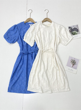 M3镂空蕾丝~北欧单25秋新款简约圆领泡泡袖收腰气质套头连衣裙女