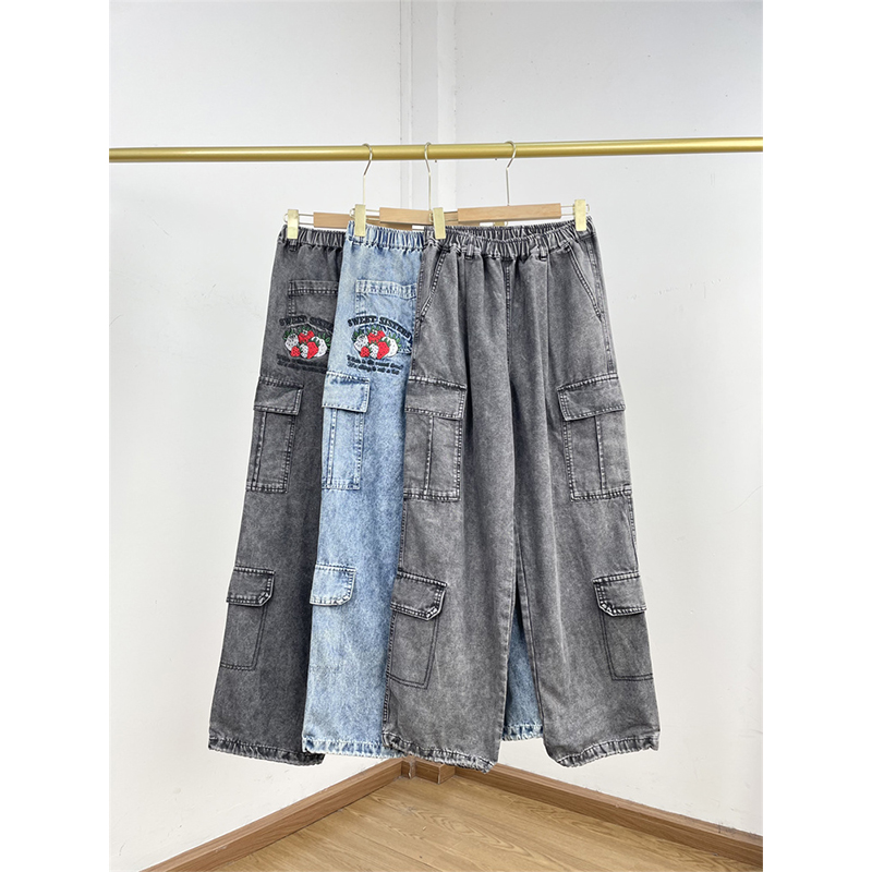 E4日单复古做旧款!25年秋新款女卡通刺绣水洗牛仔裤阔腿束脚裤
