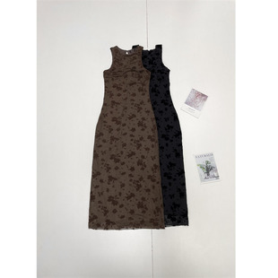 A3梦幻法式植绒碎花北欧外单2026夏新款修身背心裙长款性感连衣裙