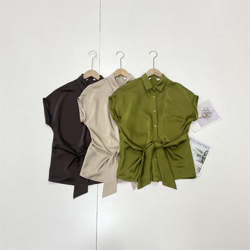 I1高级缎面！荷兰外单26夏新款女翻领宽松坎肩系带气质款无袖衬衫