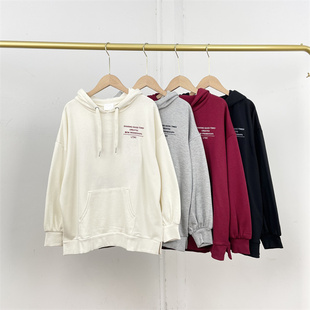 J4外单日单~25秋冬新款套头卫衣连帽字母复古毛圈印花宽松潮ins女