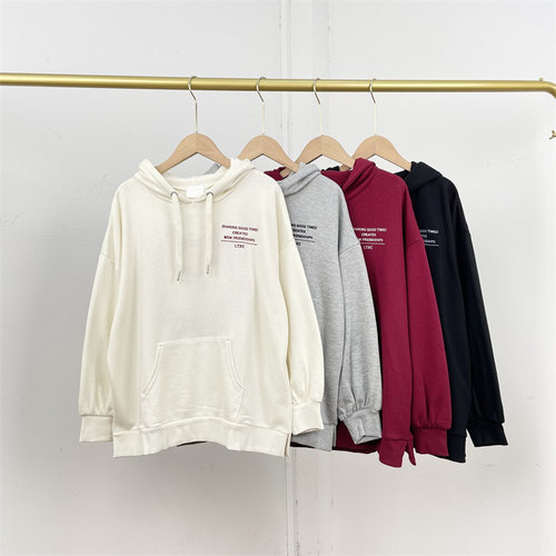 E3外单日单~25秋冬新款套头卫衣连帽字母复古毛圈印花宽松潮ins女