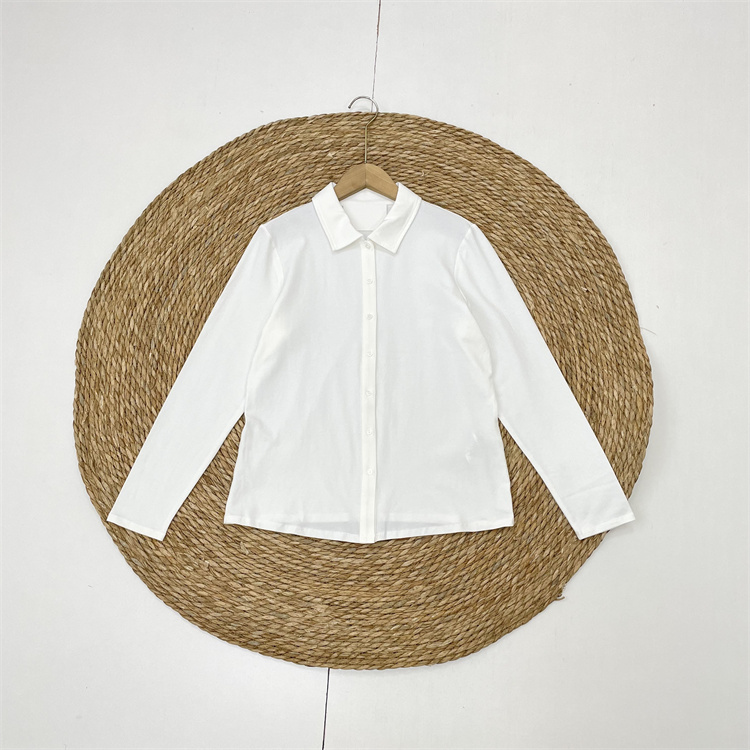 D6简约清爽纯白~外单纯元26春季新款女士翻领长袖白衬衫开扣上衣