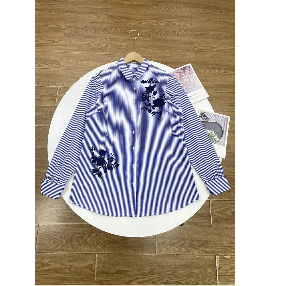 C3法式刺绣蓝白条纹外单纯元26春新款女纯棉宽松翻领长袖开扣衬衫