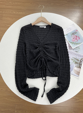 F6仅XS,S~24年新款女V领时尚潮流上衣早秋款女长袖薄打底衫可抽绳