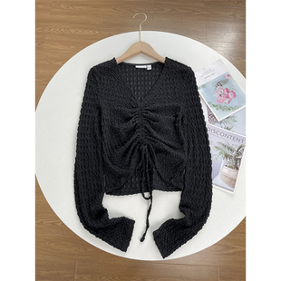 F6仅XS,S~24年新款女V领时尚潮流上衣早秋款女长袖薄打底衫可抽绳