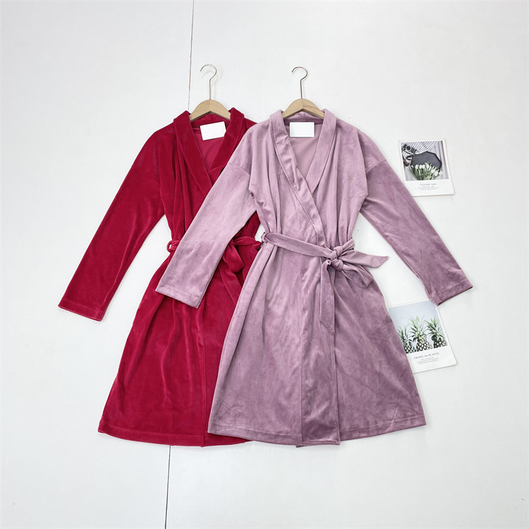 外贸单~25秋冬新款舒适丝绒面料一片式系带中长款睡袍浴袍家居服