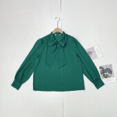 I5特惠原65 衣墨绿色显白通勤飘带 女衬衫 海岛丝 25年秋套头长袖