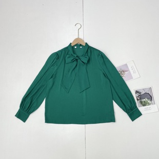 女衬衫 25年秋套头长袖 衣墨绿色显白通勤飘带 海岛丝 I5特惠大码