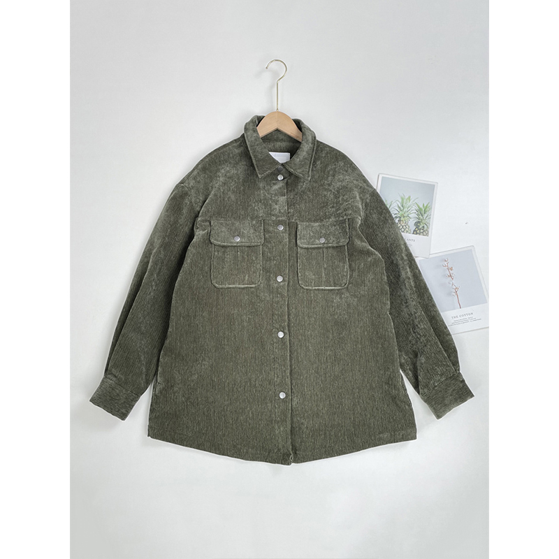 P休闲细灯芯绒~外单出口单2025秋冬柔软长袖衬衫男女同款军绿上衣