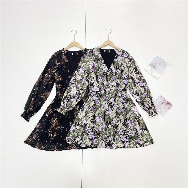 E5外单纯元~26春夏新款女V领满印花色雪纺面料长袖中长优雅连衣裙