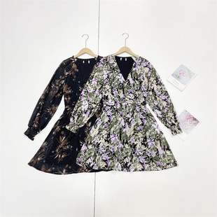 中长优雅连衣裙 女V领满印花色雪纺面料长袖 E5外单纯元 26春夏新款