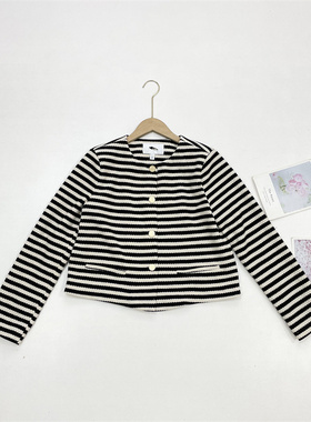 G2条纹小香风北欧单26春新款温柔减龄女士软糯单排扣针织毛衣开衫