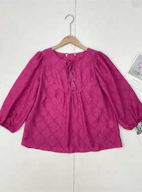 D6法式显白系~外单纯元26春夏新款女八分袖甜美V领系带娃娃衫衬衫