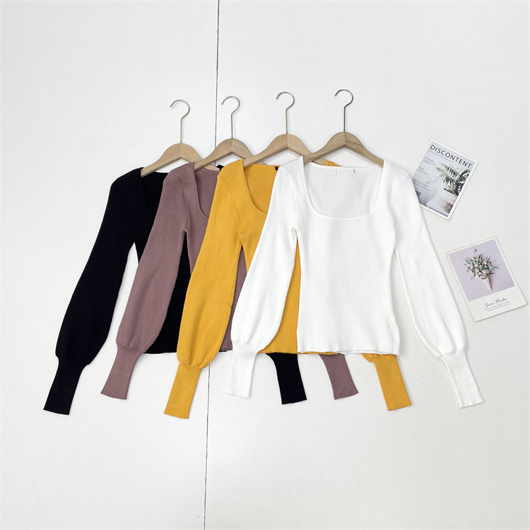 C2时尚款美国单26春新款方领针织直筒毛衣女复古风潮流款素色上衣