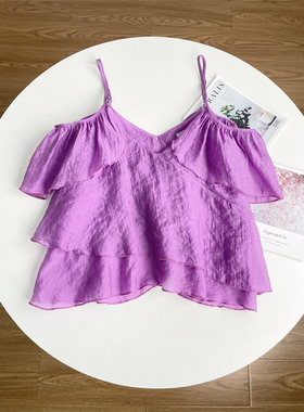 X3多层木耳边设计感~外贸24年夏新款女士V领优雅好货紫色