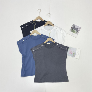 M1时髦利落!简洁大方~外单纯元25夏新款柔软圆领宽松坎肩上衣T