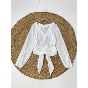 别致新款 Ｖ领后腰系带设计衬衫 外单25年秋套头长袖 Y2特色百褶