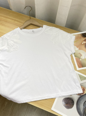 A3/bi入款外单26夏新款女士圆领插肩短袖百搭白色网纱刺绣设计T恤