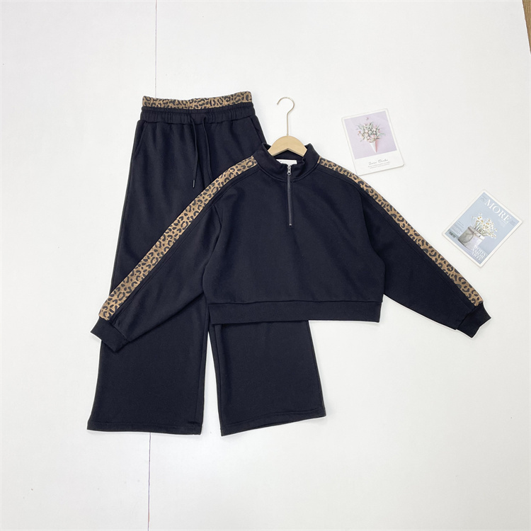 豹纹拼接~外单纯元25秋冬新款立领半拉链衫长袖卫衣+松紧腰阔腿裤