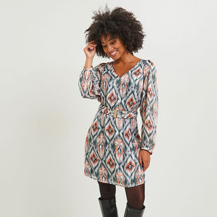 V领小众法式 D1晕染图腾印花 套头长袖 25秋新款 中长连衣裙 外单纯元