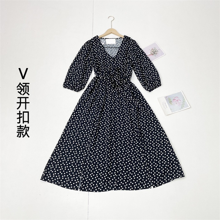 M2V领出口单波点款~外单25秋新套头八分泡泡袖A字裙开叉连衣裙女