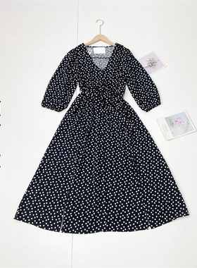 M2V领出口单波点款~外单25秋新套头八分泡泡袖A字裙开叉连衣裙女