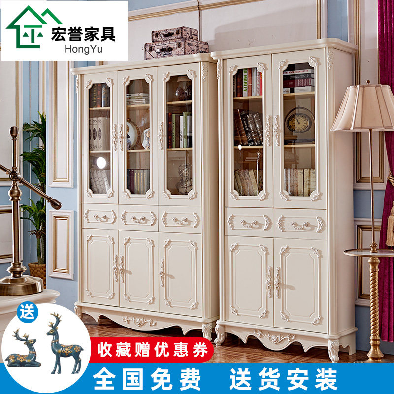 欧式书柜象牙白色烤漆带玻璃门两门三门书橱组合柜简欧小户型书柜