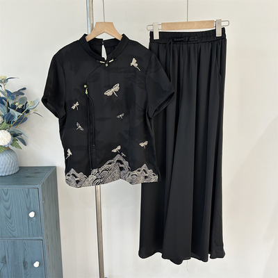 气质妈妈夏装两件套新中式风T恤