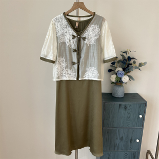 新中式 妈妈夏装 雪纺裙中年女装 短袖 连衣裙两件套 裙子国风高贵大码