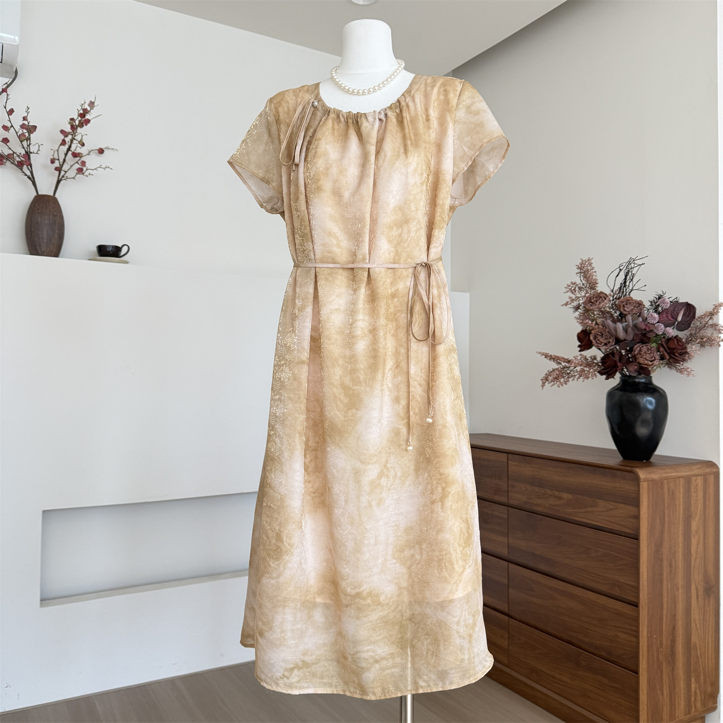 妈妈夏装短袖雪纺连衣裙时尚腰带印花裙子中老年人女装裙子母亲节