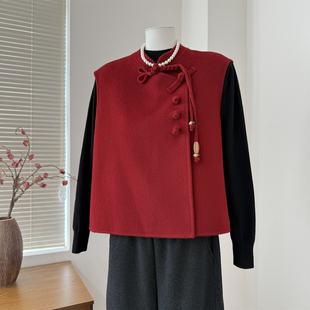 妈妈秋冬高端婚礼红色马甲中老年新年衣服双面呢马夹春秋季新中式