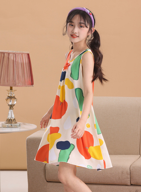 女童人造棉睡裙女孩夏季棉绸背心裙儿童女宝连衣裙外穿无袖薄款