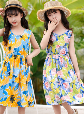 女童棉绸睡裙女孩连衣裙夏季儿童背心裙女宝居家人造棉沙滩裙薄款