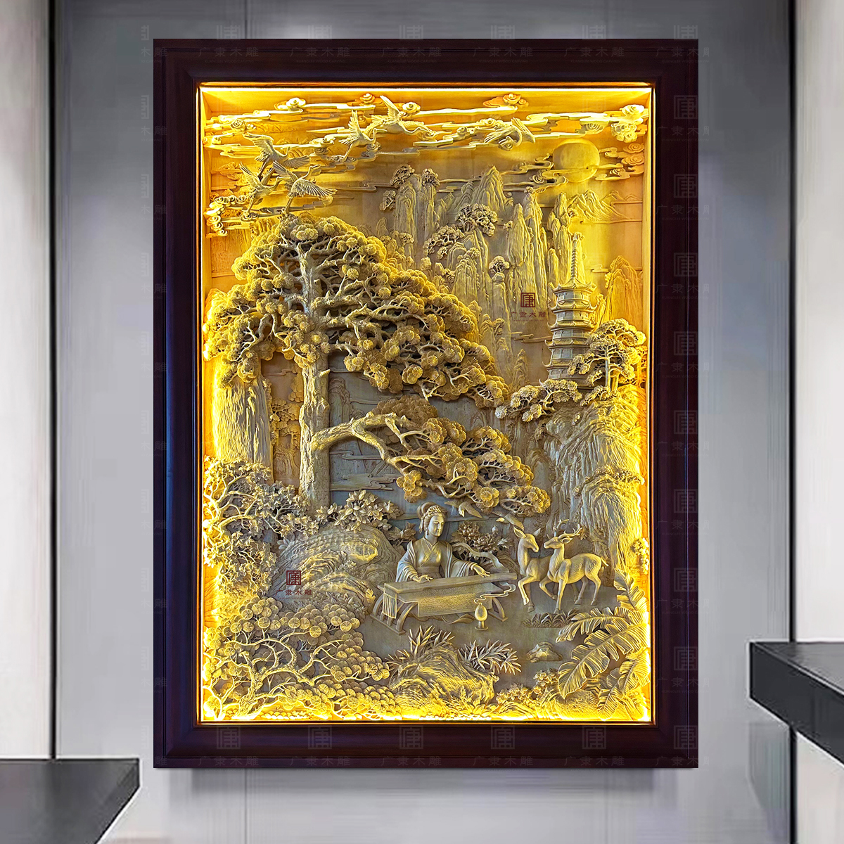 广隶木雕新中式玄关背景墙设计