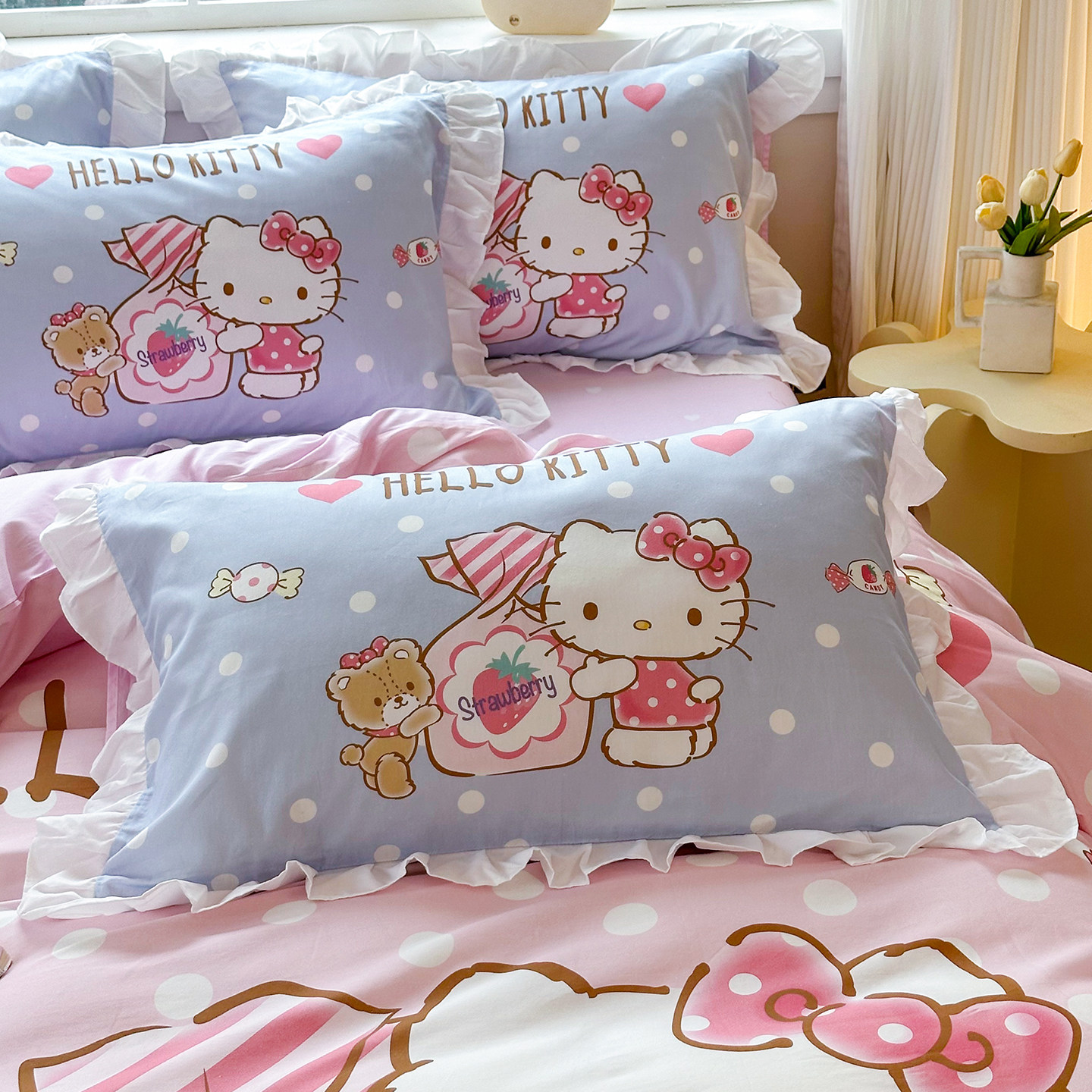 卡通HelloKitty枕套全棉纯棉可爱荷叶木耳边粉色甜美少女心枕头套