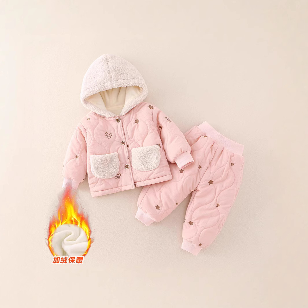 三折品牌清仓撤柜婴幼儿春秋冬季加厚保暖两件套周岁长袖长裤套装