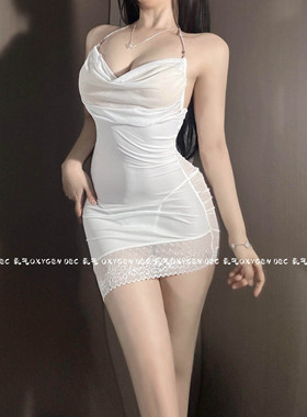 DEC一梦芳华 御姐性感睡衣诱惑挂脖透视吊带裙网纱镂空紧身包臀裙