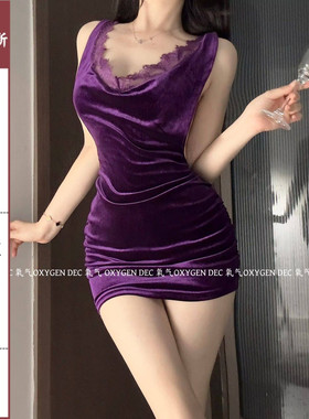 DEC暗紫迷宴 性感紫色深V蕾丝边包臀裙御姐风修身显瘦睡裙
