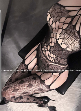 DEC浅尝辄止 性感风黑色镂空渔网连体丝袜女全身吊带透视网袜