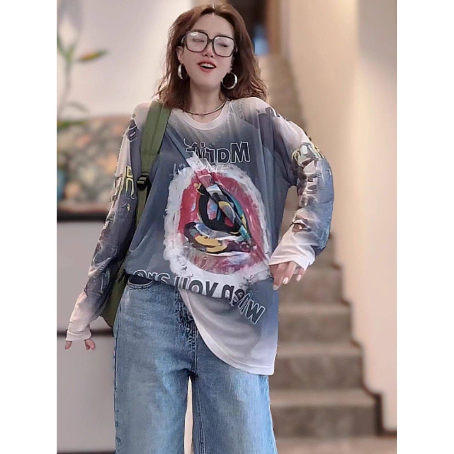 时尚字母百搭打底网纱T恤防晒上衣宽松中长款潮流时尚印花插肩袖t