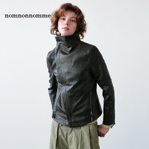 斜门襟翻领高领修身款皮衣外套