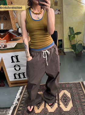 nomnonnomme DROP2细条纹挺阔棉感懒人松紧腰假门襟休闲长裤