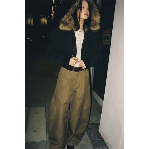 nomnonnomme毛毛领羊羔毛内里加厚保暖棉服短外套