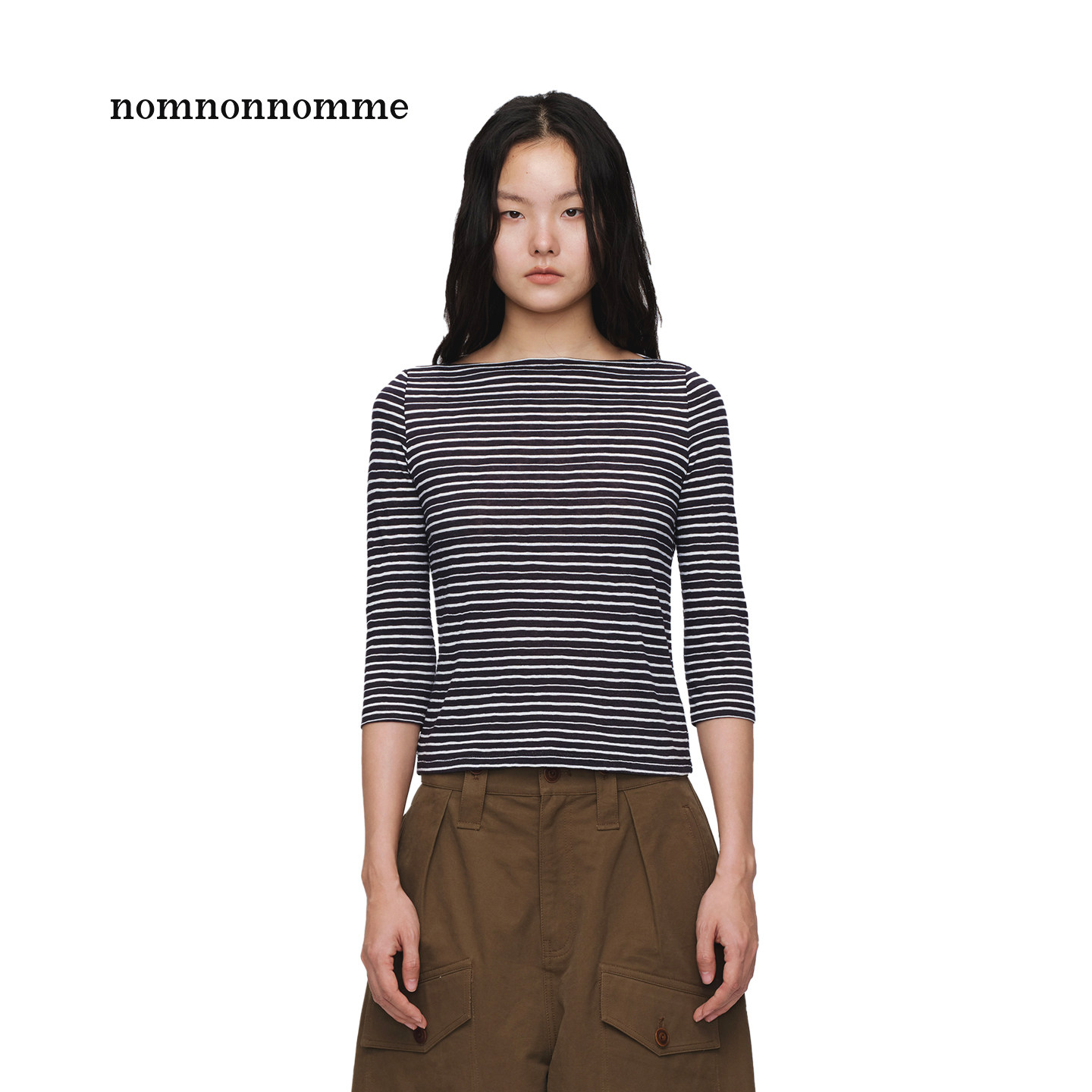 nomnonnomme 26SS一字领条纹正肩版显瘦七分袖T恤