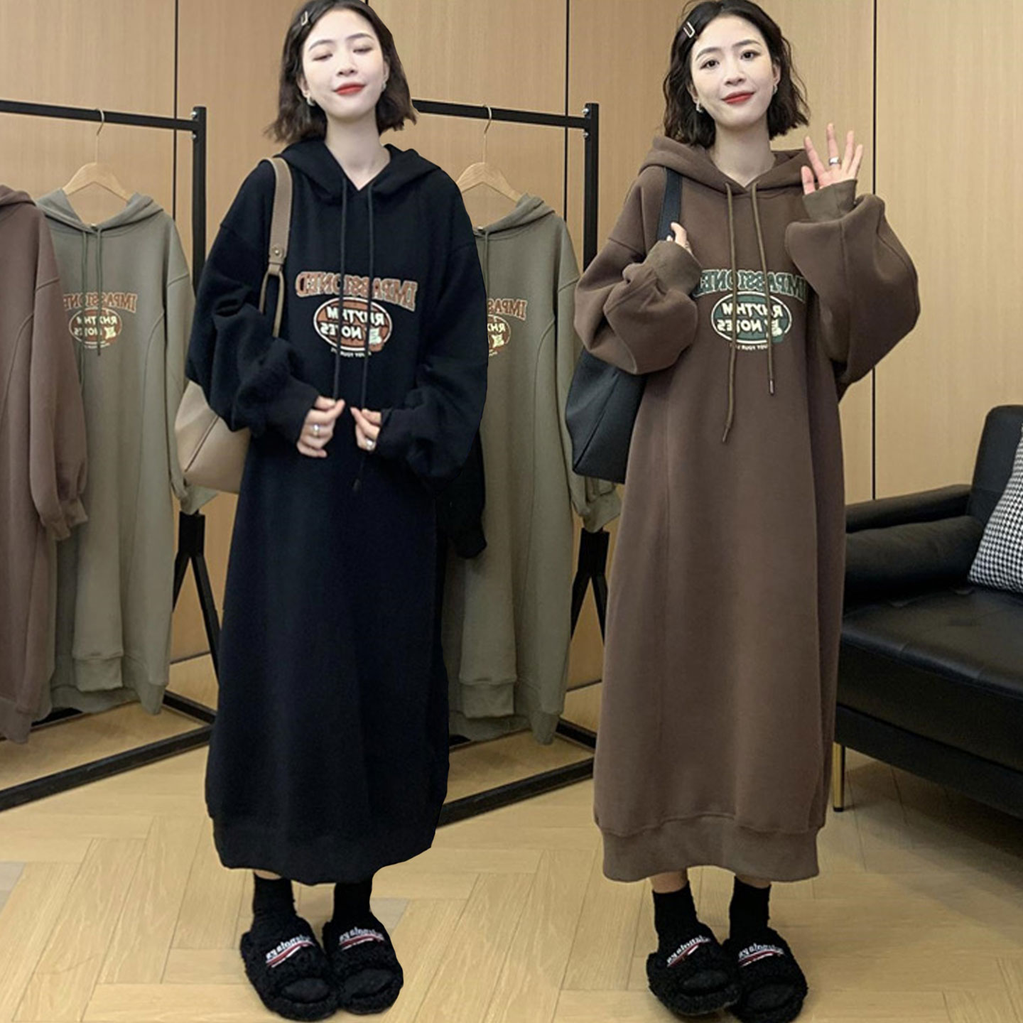 秋冬季大码女装胖mm显瘦遮肚卡通印花连衣裙宽松连帽加绒长款卫衣