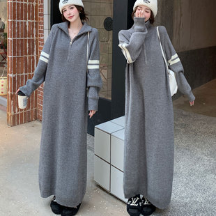 冬季新款加大码女装胖mm显瘦遮肚法式慵懒针织连衣裙打底毛衣长裙